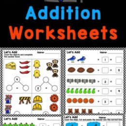 six sample pages from the addition worksheets packet