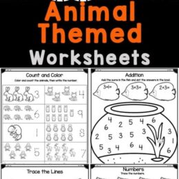 six digital images of animal themed preschool number and letter pages with clipart tiger image added