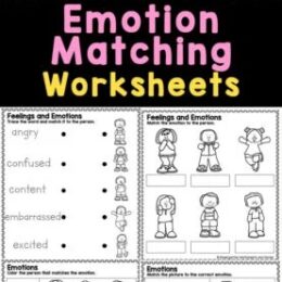 six sample pages from the emotion matching worksheets set
