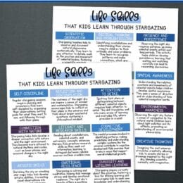 two digital images of grid style info showing life skills kids learned through stargazing