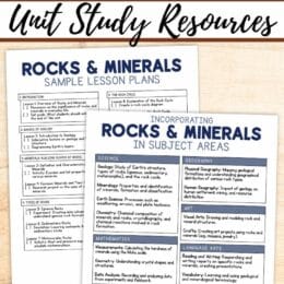 two digital page images showing Rocks and Minerals unity study resources lesson sheets