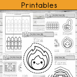 five digital images from the Letter F Scissor Skills printable pages