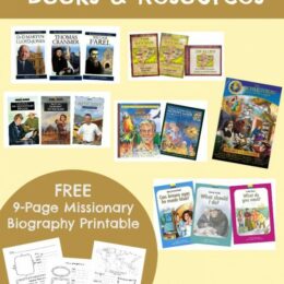 images of missionary biography books and 3 sample pages from the printable worksheets