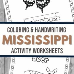 two sample pages from the Mississippi coloring and handwriting activity worksheets
