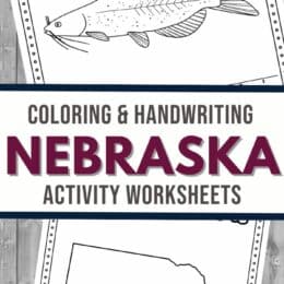 two sample pages from the Nebraska state coloring and handwriting activity worksheets set
