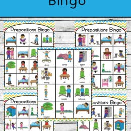 five digital images of preposition picture bingo cards