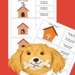 clipart dog with a bone in his mouth overlaid on two digital sample pages of preposition activities