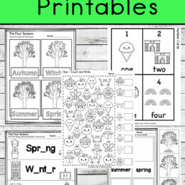 five sample digital images of pages from the seasons printables