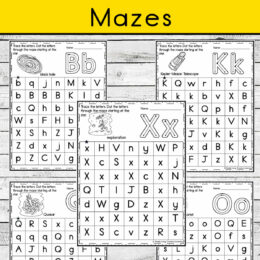 5 digital page images of space themed alphabet mazes