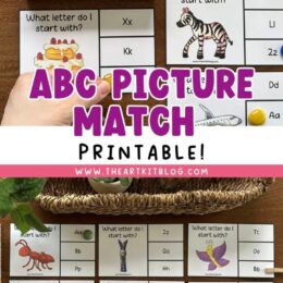 printed pages and images showing alphabet letter matching activity