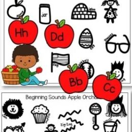 shows two digital images of apple themed Beginning sounds worksheets with colorful apples overlaid