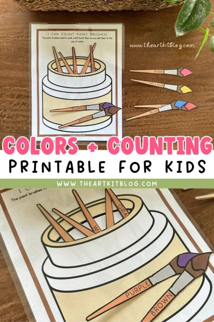 images of printed paper paintbrushes with colored tips and color words/names on the handles