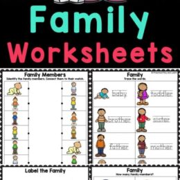 six digital images of papges from the Family Members worksheet packet