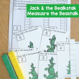 two unifix cubes - yellow and green - in stacks with printed pages from the Jack & the Beanstalk printables