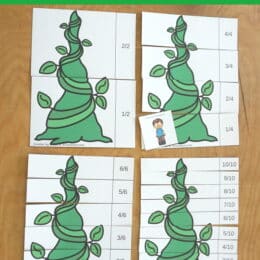 four printed fraction puzzles with a Jack and the Beanstalk theme