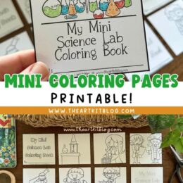 several pictures showing printed science lab mini coloring book pages