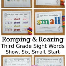 six sample pages and images showing activities for FOUR Third Grade Sight Words - Show, Six, Small, Start