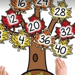 tree craft with different colored leaves showing counting by 4s