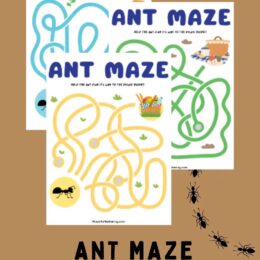 three digital page images of ant mazes in different colors