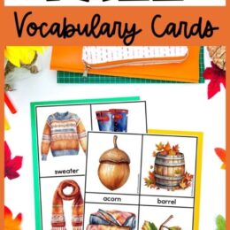 two digital pages of fall themed vocabulary words and images