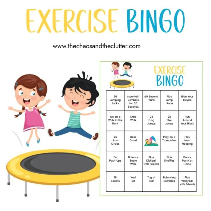 exercise bingo card image and clipart of kids jumping on a trampoline
