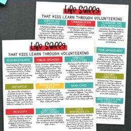 two digital images of pages outlining life skills taught through volunteering