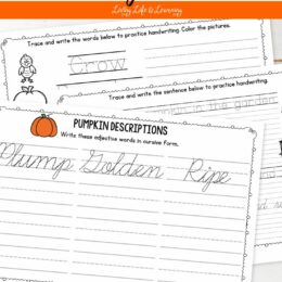 three sample handwriting practice pages about pumpkins