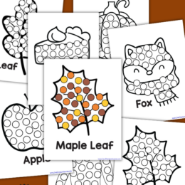 digital collage of dot marker activity pages with a fall theme - animals, leaves, apples, pumpkin pie