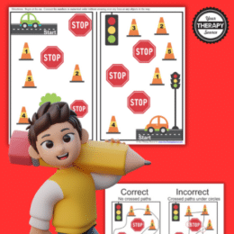 red background with digital page images that contain stop signs and numbered cones with a clipart image of a young boy holding a pencil over his shoulder