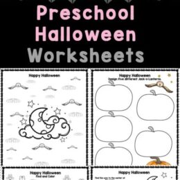 six digital pages from the preschool halloween themed worksheets pack