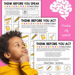 three digital page images showing "think before you act" activities