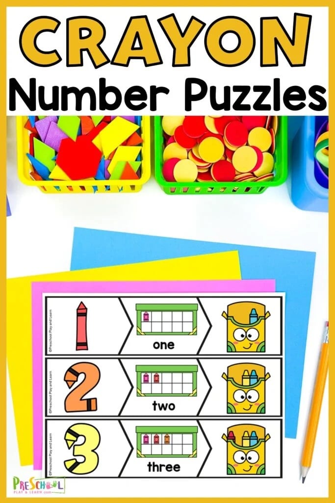 crayon number puzzles across the top with some baskets holding manipulatives and crayon-themed number strips