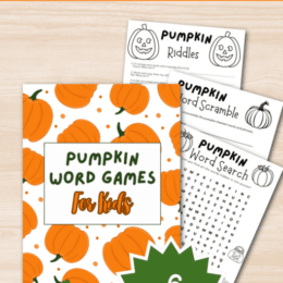 four digital pumpkin word game page images fanned out over a digital wooden background