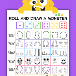 silly "monster" holding a digital page image of a roll-a-monster dice game instructions