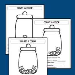 three digital pages showing clipartjars with small clipart bears piled inside for counting practice