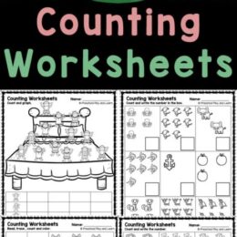 six digital images of counting worksheets with a clipart watermelon overlaid