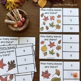 printed clip cards with fall leaves to count and a bowl of clothespins and fall colored round beads