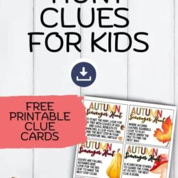 background of white wood with fall items along the bottom and digital image of Autumn themed scavenger hunt clue cards
