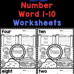 six digital images of number word worksheets for 1-10