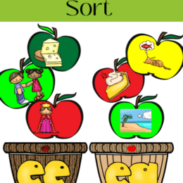 fun apples and basket clipart with 'ea" and "ee" images for sorting activity