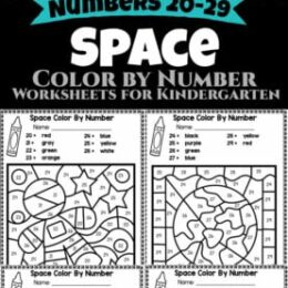six different color by number pages with a space theme, one is colored