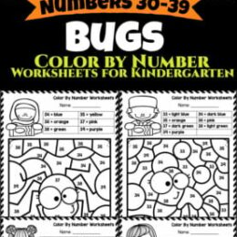six digital images of bug themed color-by-number worksheets