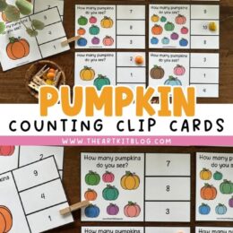 a collage of pumpkin themed counting clip cards with scattered mini clothespins and orange flat marbles