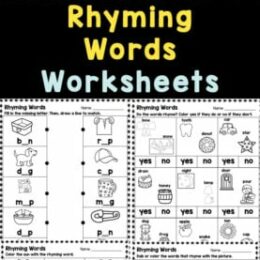 six digital page images of rhyming words worksheets
