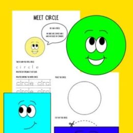 three colorful clipart shapes with two digital worksheets behind