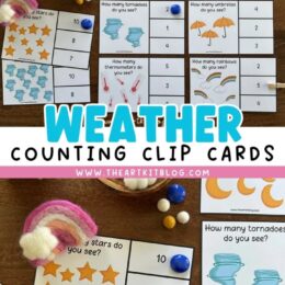 printed weather clip cards spread out across a table with several blue round beads to mark numbers