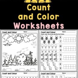 six digital images of counting and coloring worksheets for early learners