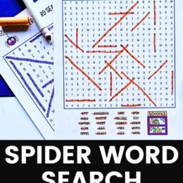 two printed spider themed word search pages with some words marked out
