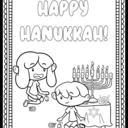 coloring page with Happy Hanukkah bubble words and drawing of two kids spinning dreidels with a menorah in the background