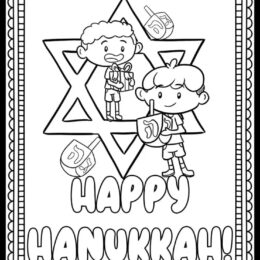 two hand-drawn cartoon-like kids holding dreidels on a Star of David with bubble letters spelling out Happy Hanukkah